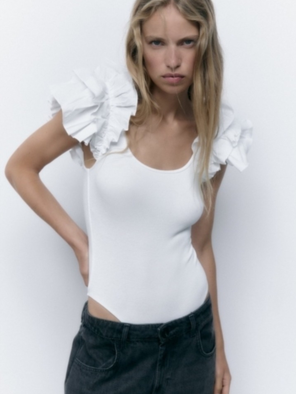 Zara White Ruffle-Sleeve Scoop Neck Bodysuit